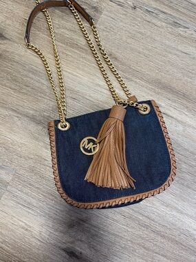 Michael Kors Navy Denim Crossbody with Brown Leather Tassel and Gold Chain
